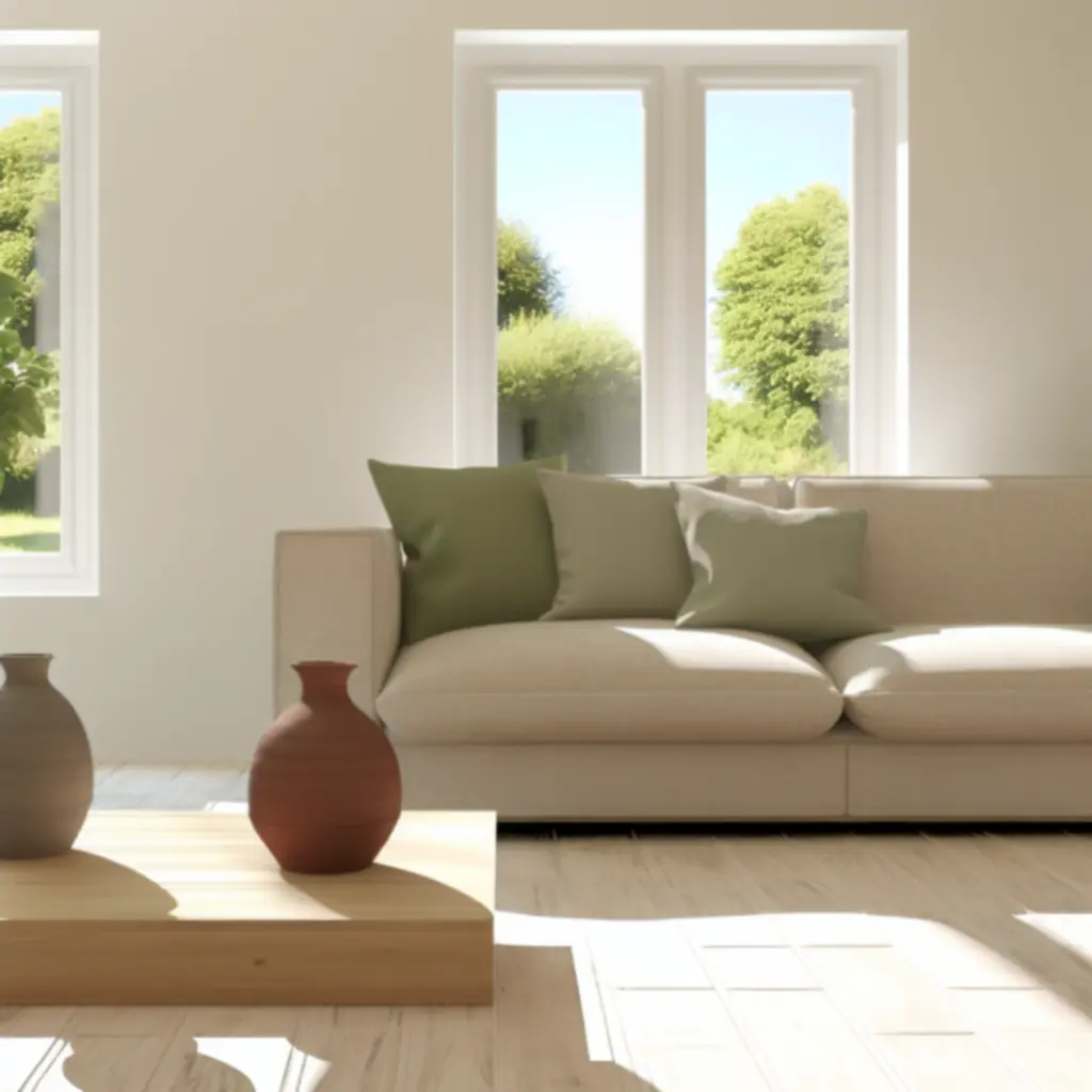 Modern living room with warm beige and terracotta accents